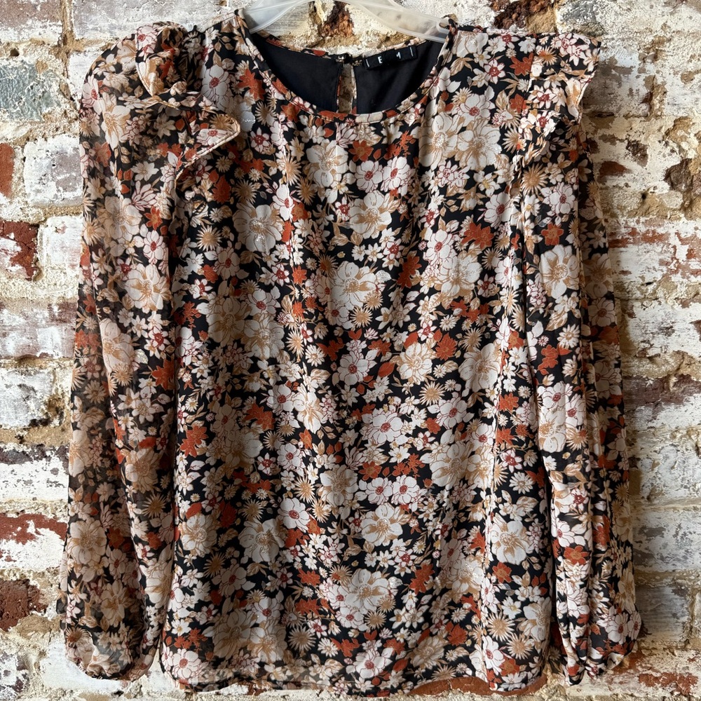 Floral Long-Sleeve Ruffle Shoulder Blouse - Black with Cream & Rust Floral